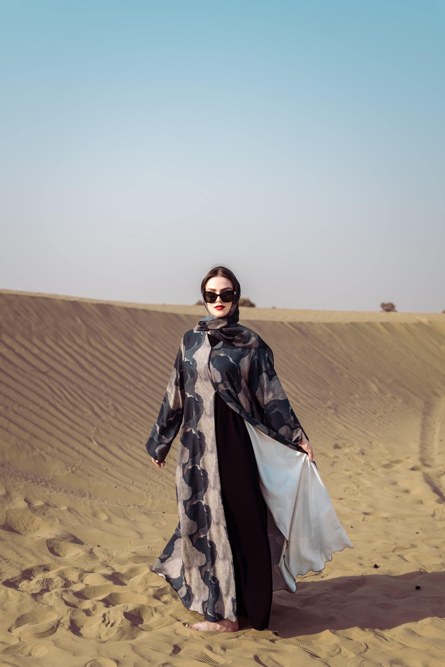 44-DSC08413-min V Neck Black Abaya - Black With Green Mixed Colour - Image 1