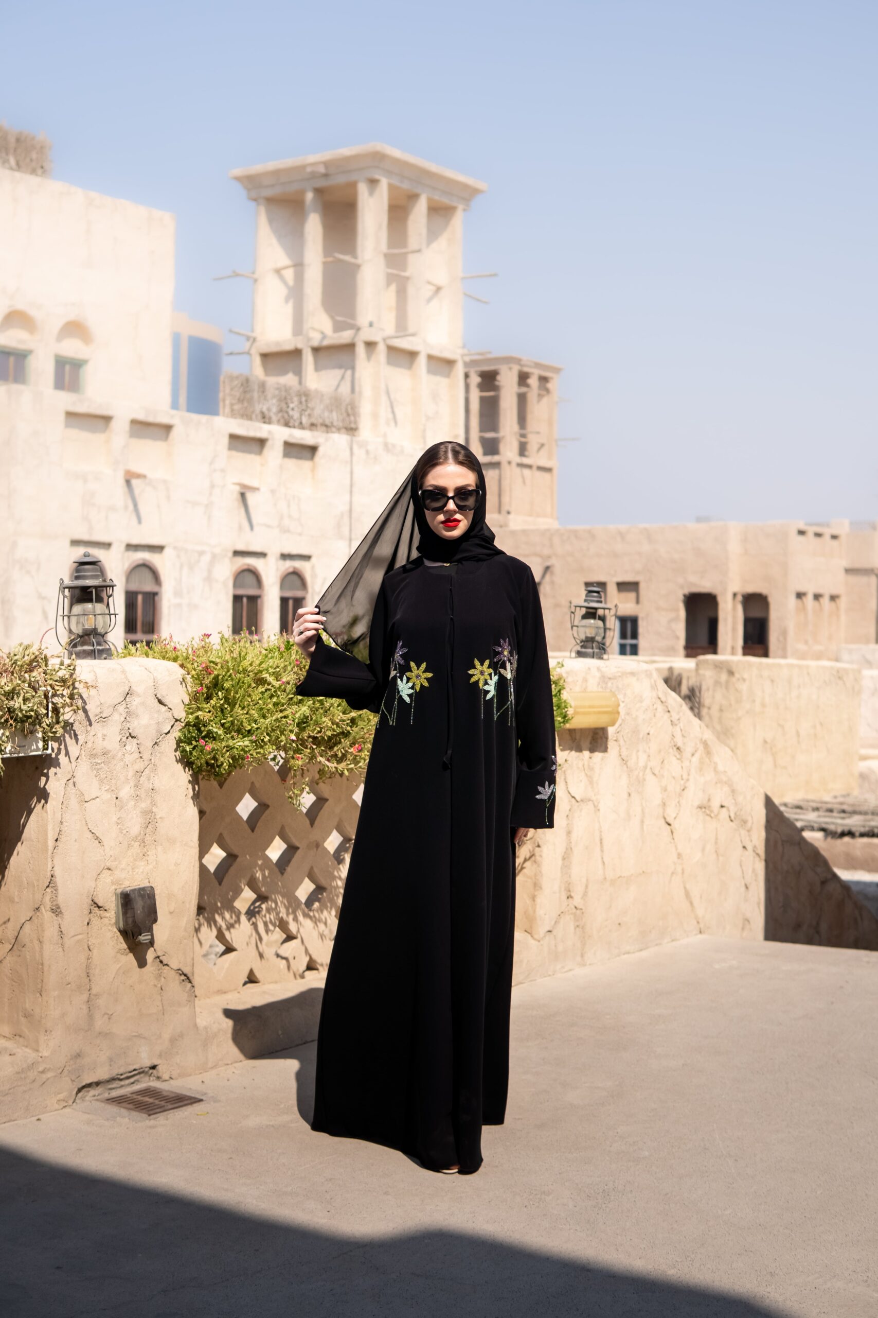 DSC08069-min Zainah Cut Abaya - Off White Dot With Black Silk Stripe - Image 1